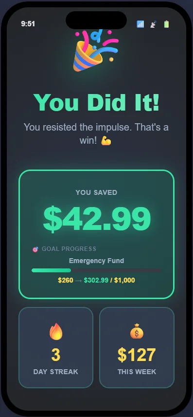 ImpulseBrake Celebration Screen - Confetti and savings celebration