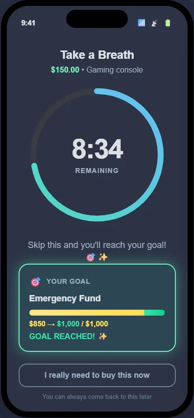 ImpulseBrake Timer Screen - 10 minute countdown with goal progress